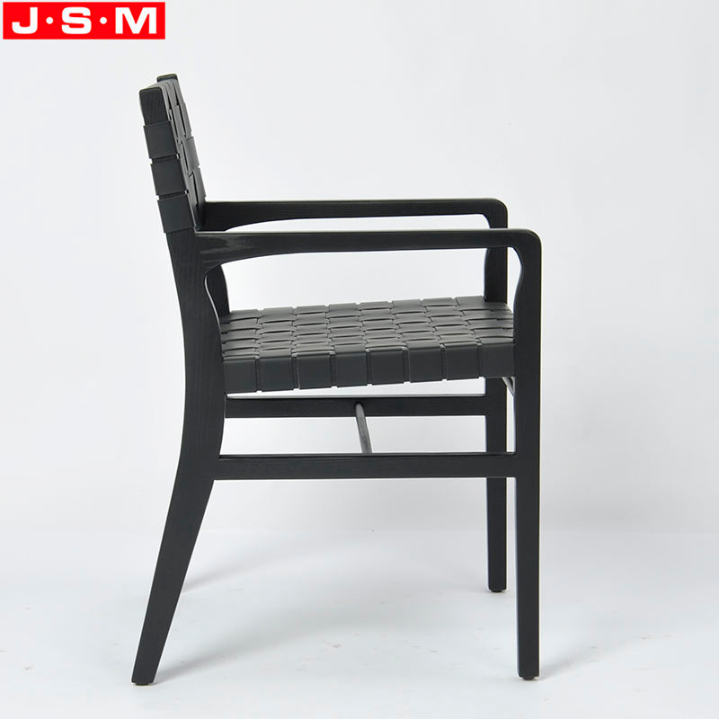 Luxury Outdoor Woven Black Leather Cross Base Dining Chairs With Armrests