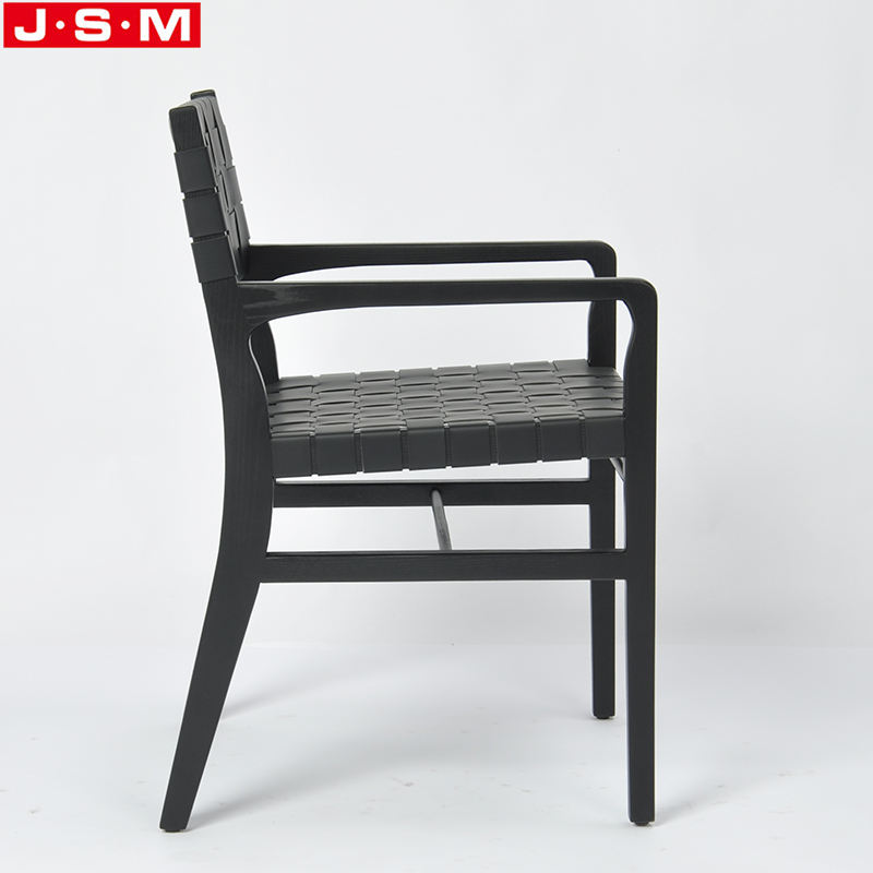 Luxury Outdoor Woven Black Leather Cross Base Dining Chairs With Armrests