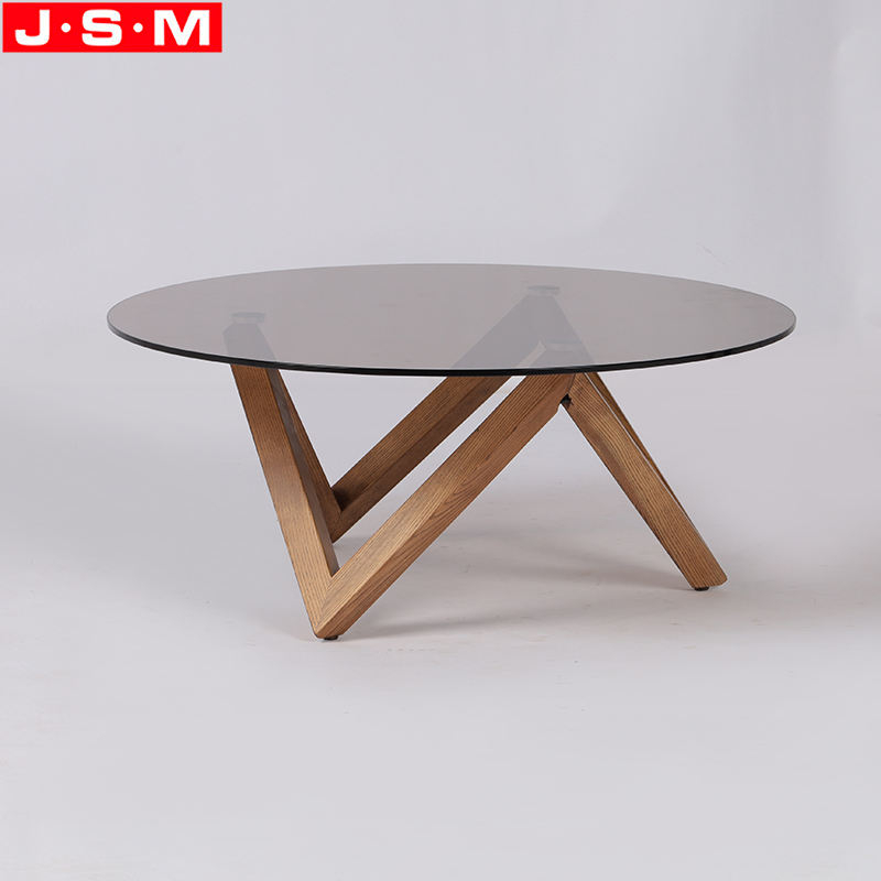 Living Room Round Tea Table Tempered Glass Top Ash Wood Leg Tea Table