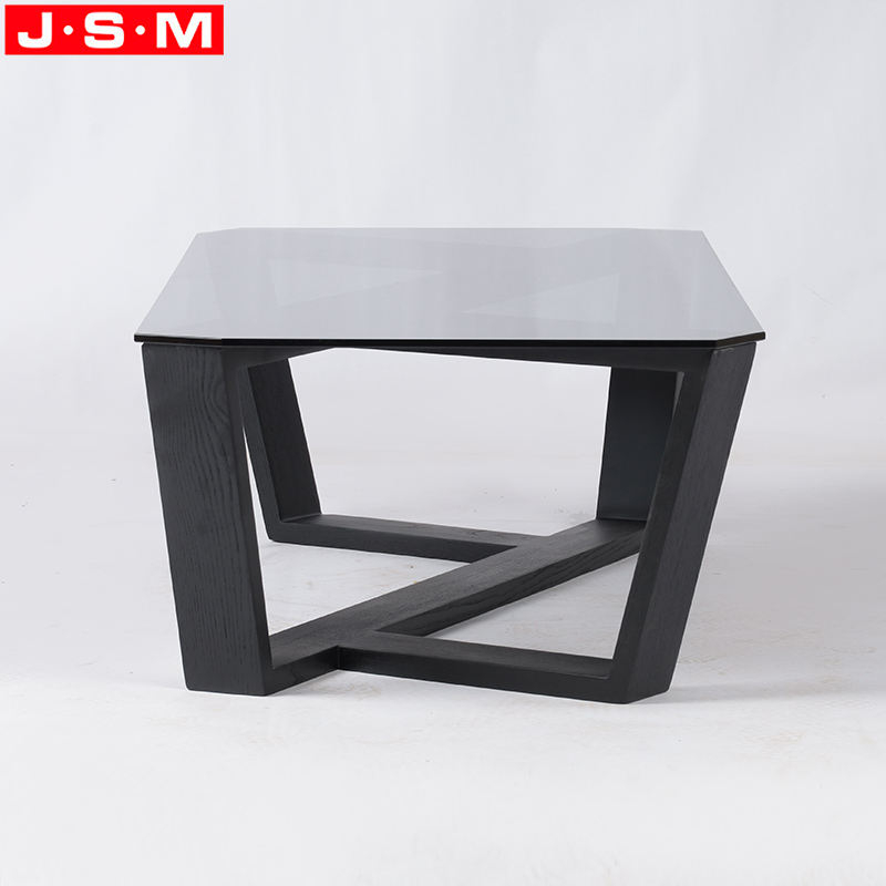 Living Room Restaurant Tea Table Tempered Glass Top Ash Timber Wood Square Coffee Table
