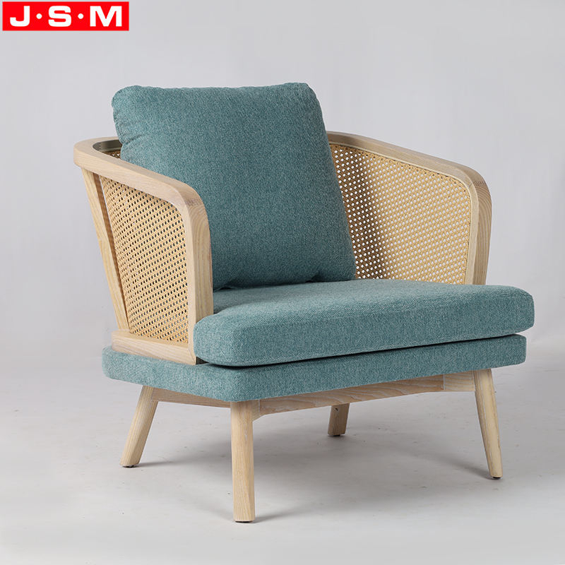 Plastic Rattan Armrest Living Room Fabric Upholstery Contemporary Wooden Armchair
