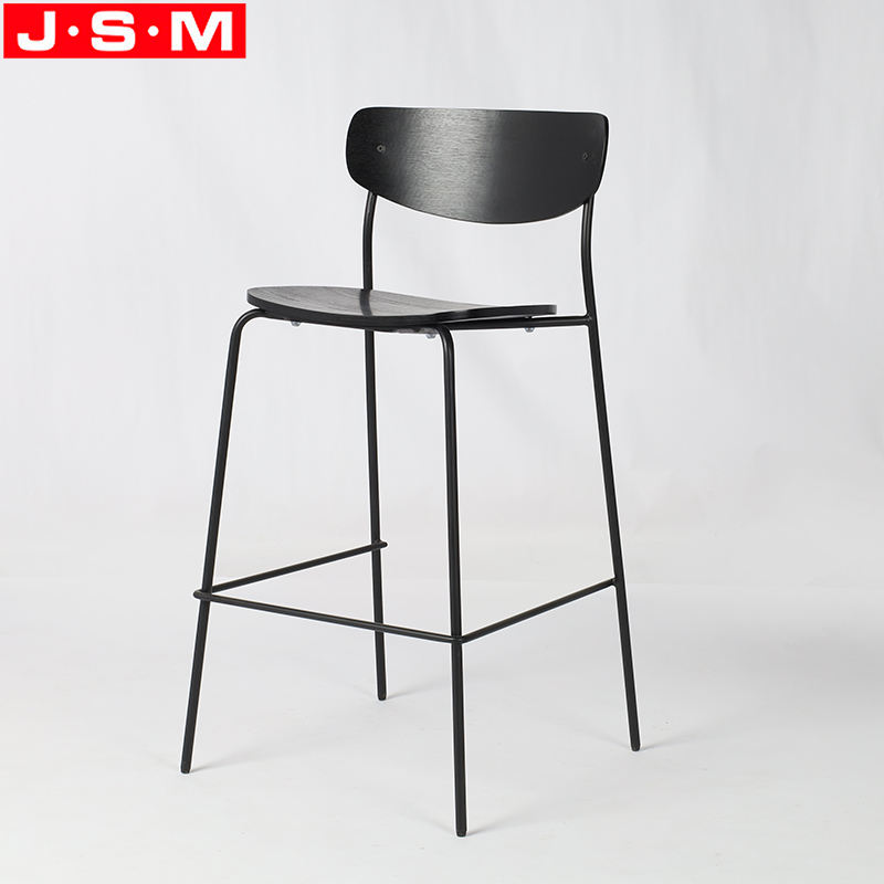 Nordic Metal Bar Stool Chair Veneer Seat And Back High Bar Chairs