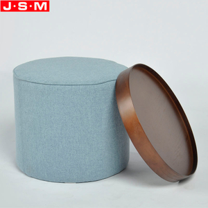 Moveable Timber Tray Round Cushion Base Modern Storage Fabric Ottoman Stool