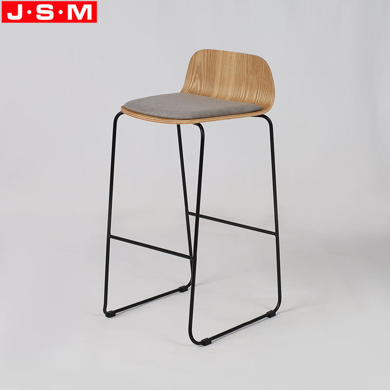 Brown Wood Veneer Metal Kitchen Cushion Seat High Chair Modern Bar Stools