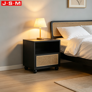 Nordic Style PE Rattan Decoration Wood Bedside Nightstand with Drawer for Bedroom Hotel Apartment Use
