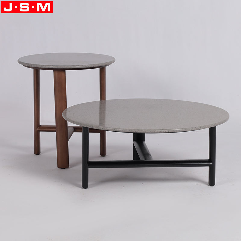 Modern Round Black Wood Leg Side Coffee Table Stone Top Tea Table