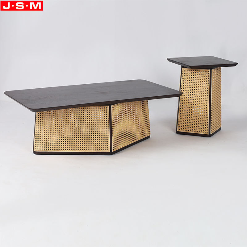 New Design Wooden Ash Timber Tea Table PE Plastic Ratte Decoration Coffee Table