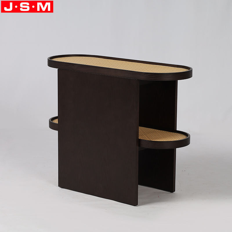 Two Layers Plastic Rattan Top Living Room Unique Tea Table Veneer Wooden Oval Coffee Table