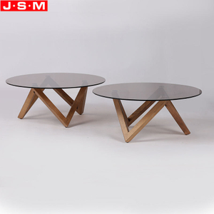 Living Room Round Tea Table Tempered Glass Top Ash Wood Leg Tea Table