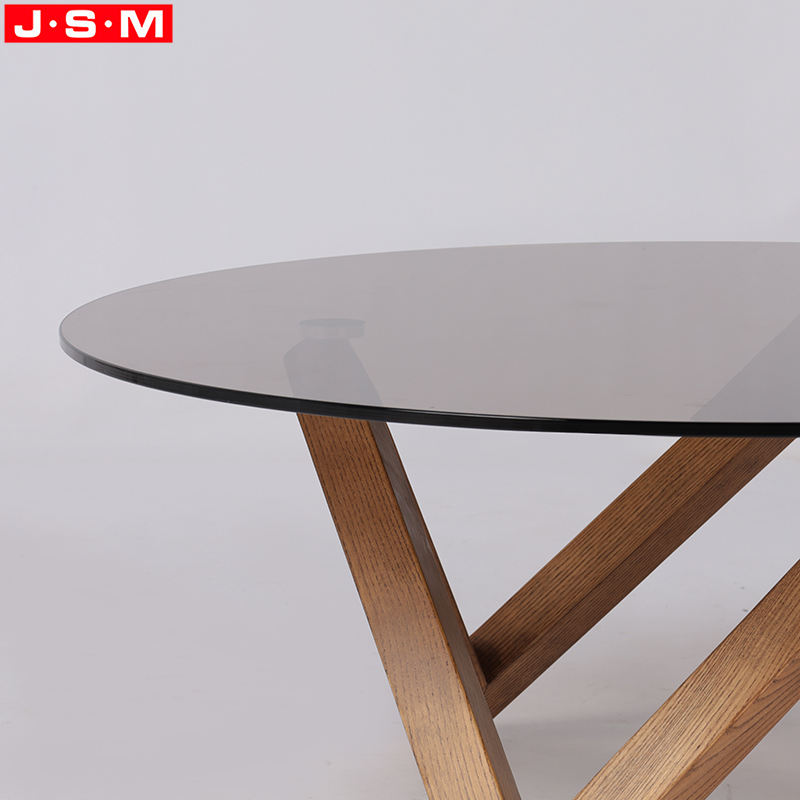 Living Room Round Tea Table Tempered Glass Top Ash Wood Leg Tea Table
