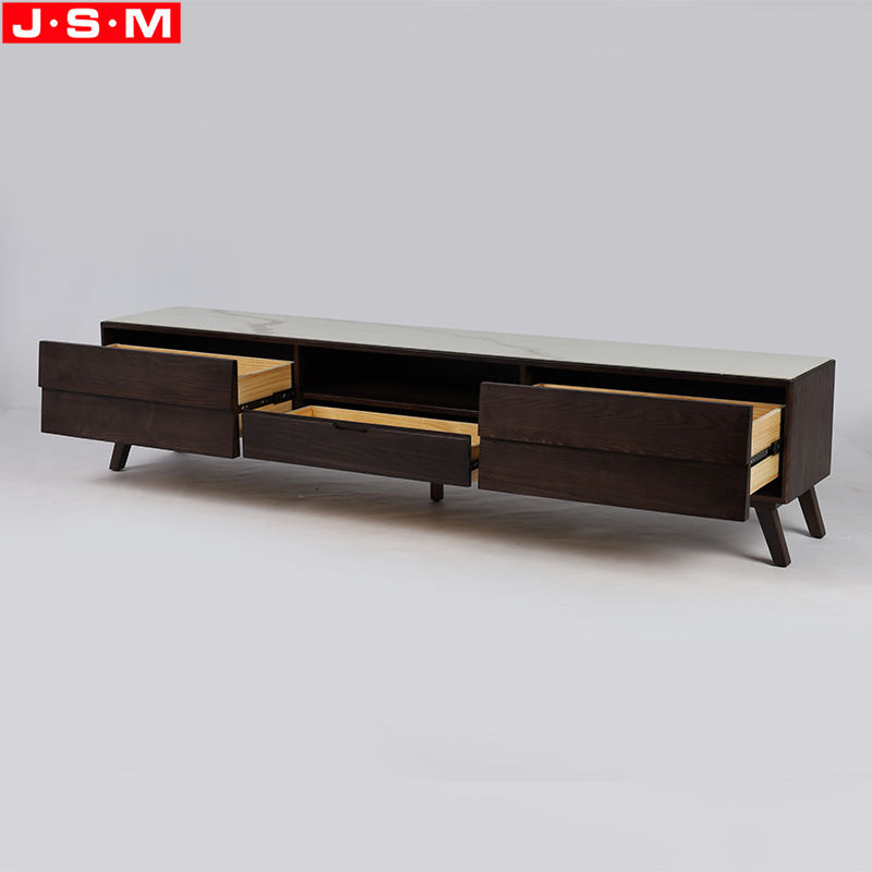 Rock Slab Top Living Room Veneer Carcase Wood Stand TV Cabinet With 5 Drawers