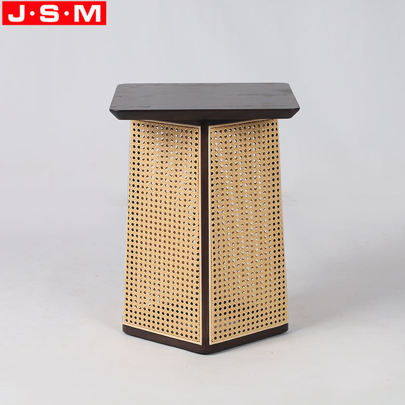 Ash Timber Base Living Room Wood Table Top Side Table With PE Plastic Rattan Decoration