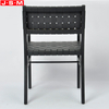Luxury Outdoor Woven Black Leather Cross Base Dining Chairs With Armrests