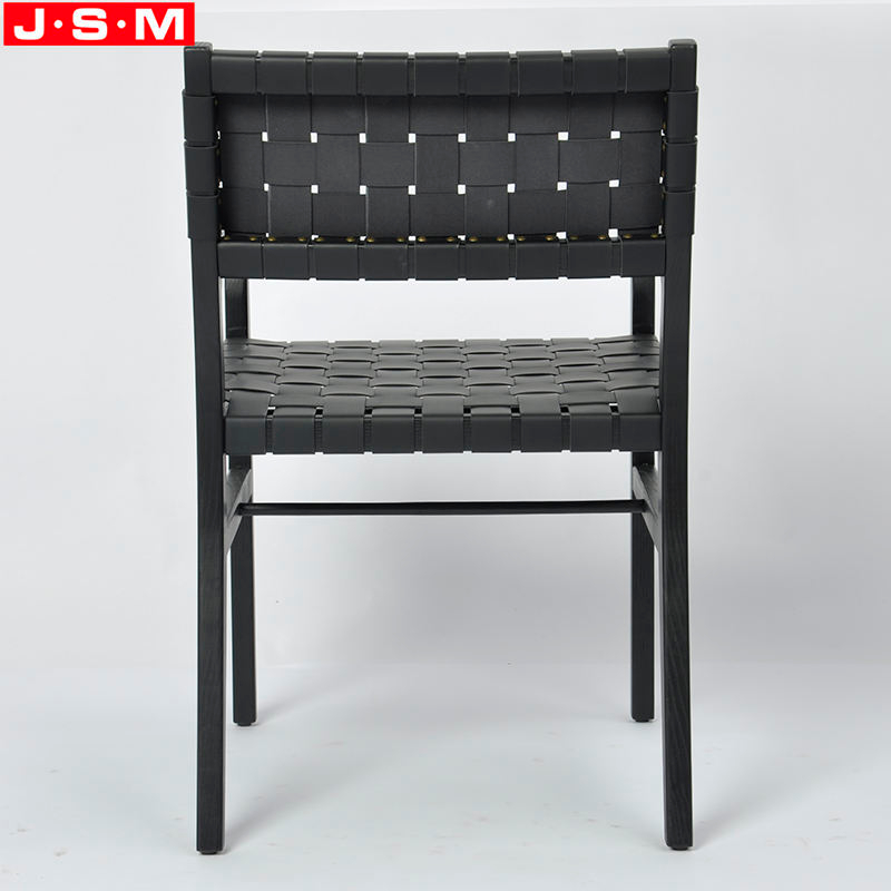 Luxury Outdoor Woven Black Leather Cross Base Dining Chairs With Armrests