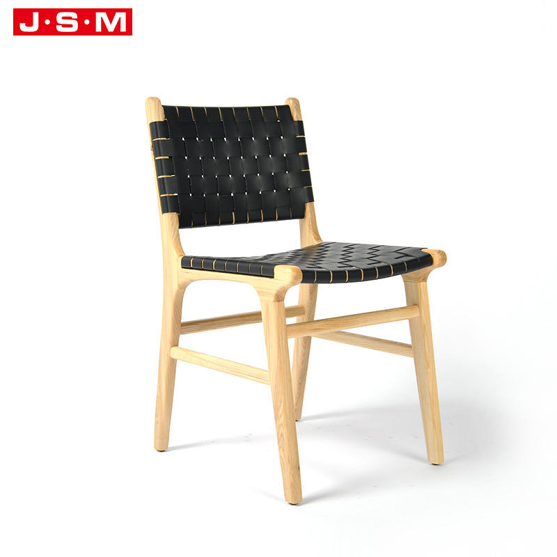 Cheap Modern Nordic Mid Century Solid Patio Wood Black Woven Belt Artificial Leather Seat And Back Dining Chair