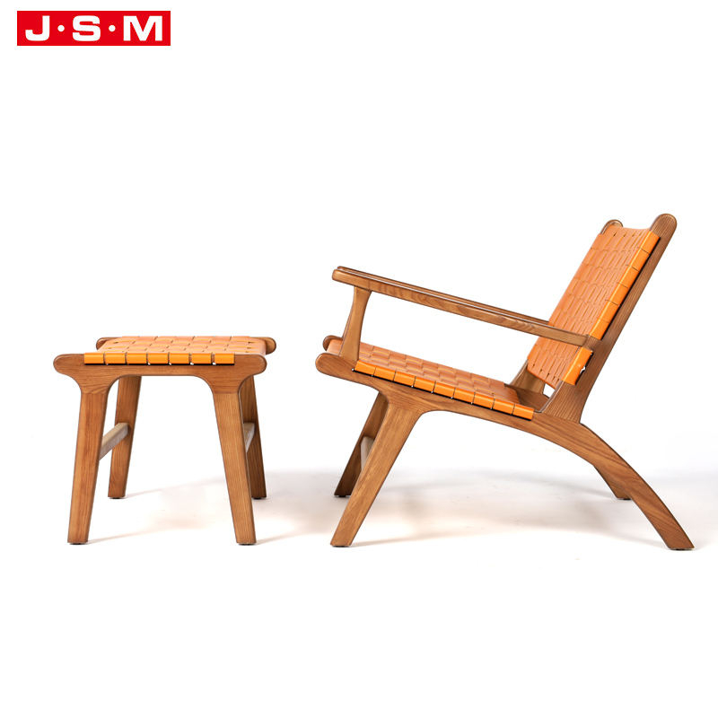 Vintage Artificial Leather Seat Rattan Weave Armchair Foot Stool With Ash Timber Frame