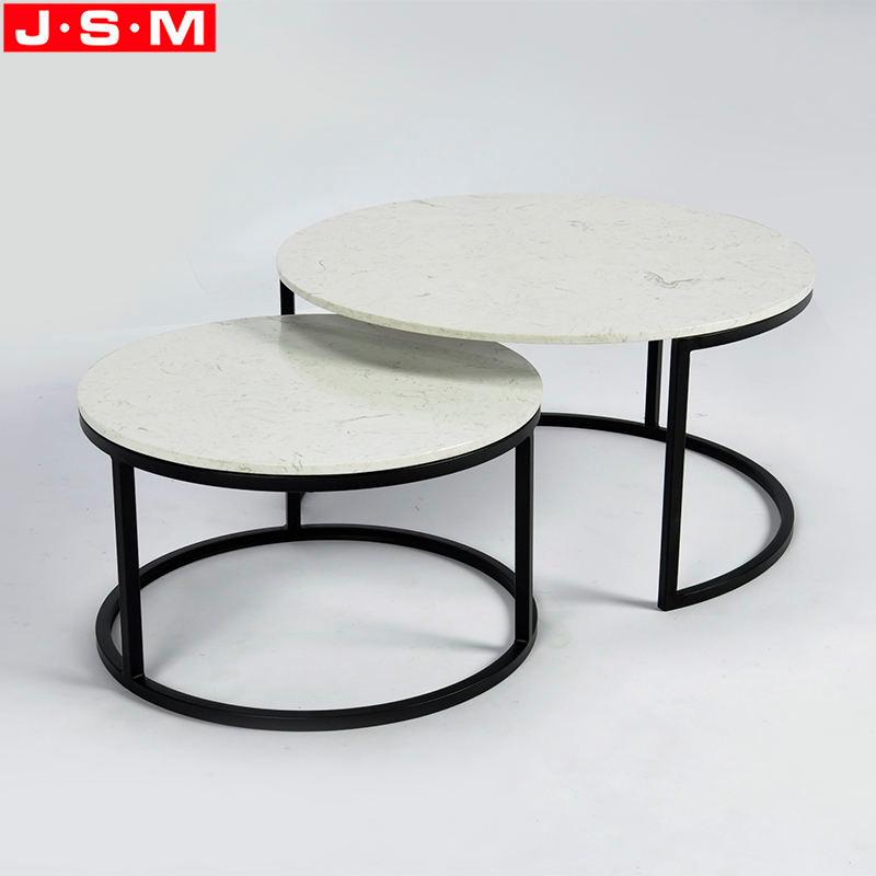 Metal Leg Coffee Table Living Room Side Table Round White Artificial Stone Top Tea Table