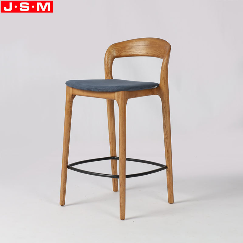 Household Bar Chair Vintage Ash Timber Wooden High Back Stool With Fabric Cushion