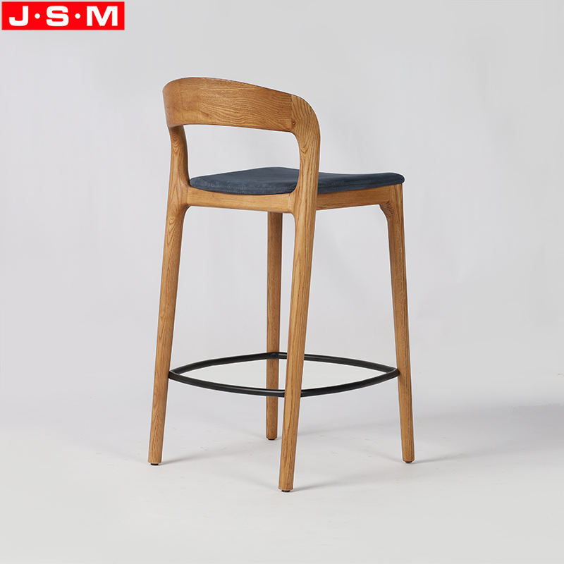 Household Bar Chair Vintage Ash Timber Wooden High Back Stool With Fabric Cushion