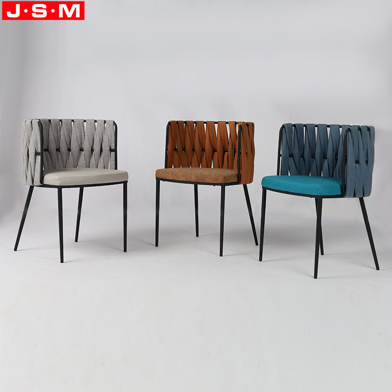 Modern Fabric Solid Metal Frame Dining Chair With Weave Belt Back