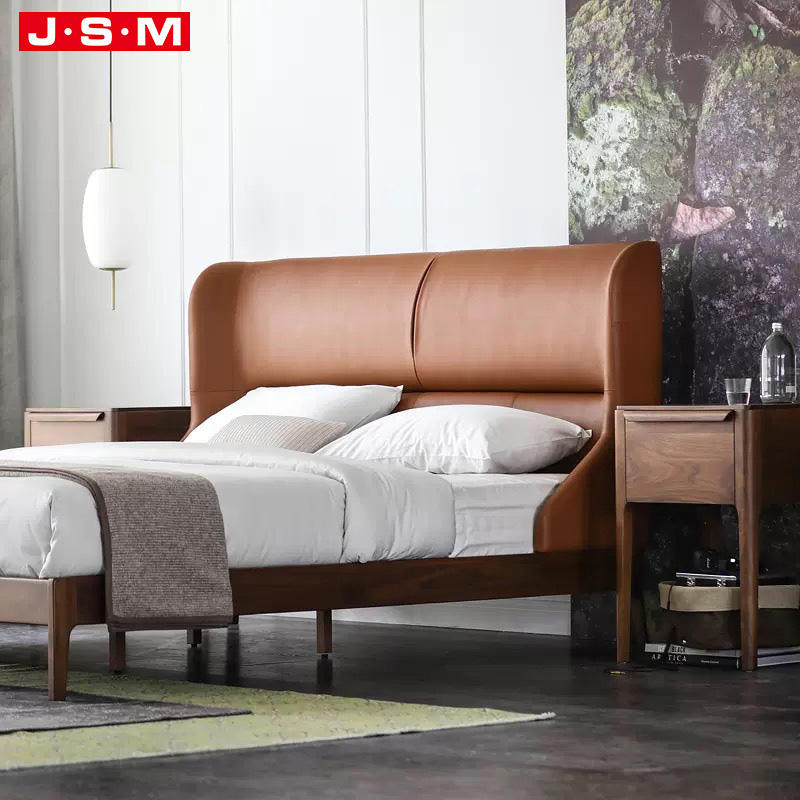 Bedroom Furniture Modern Wooden Double Bed With Fabric Headboard