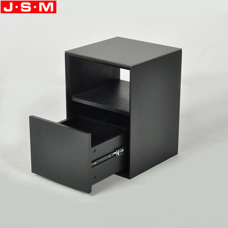 Nordic Living Room Furniture Bedroom Wooden Bedside Rock Slab Table Top Black Nightstand With Drawer