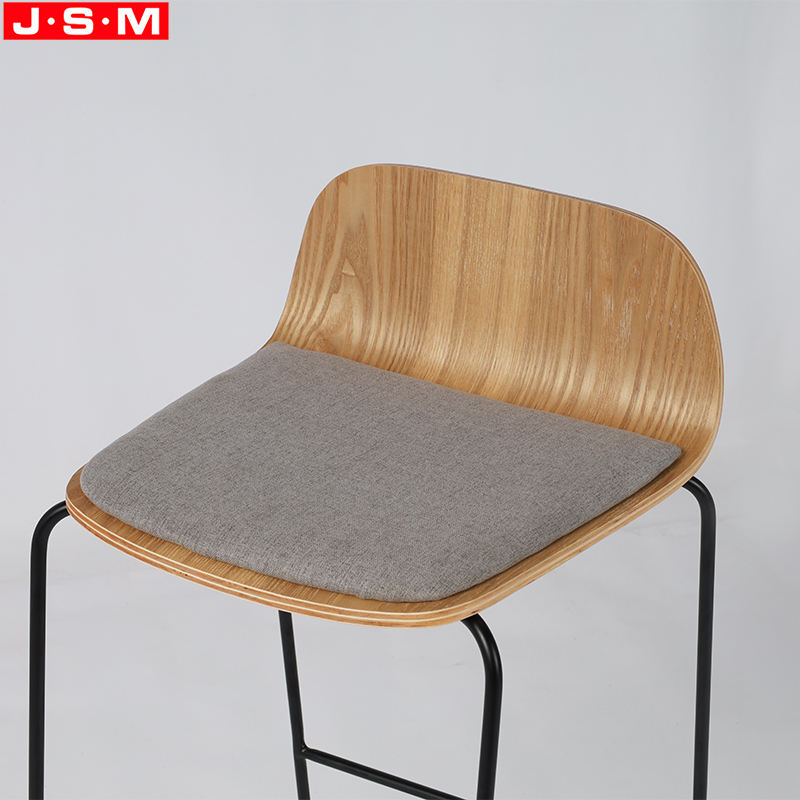 Brown Wood Veneer Metal Kitchen Cushion Seat High Chair Modern Bar Stools