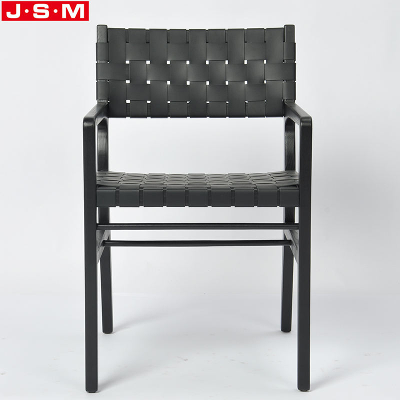 Luxury Outdoor Woven Black Leather Cross Base Dining Chairs With Armrests