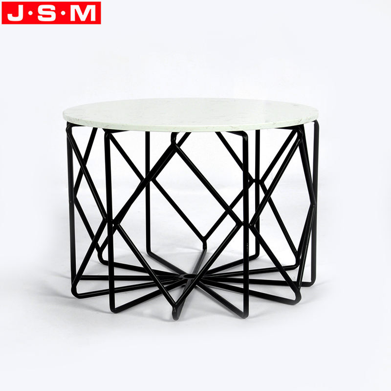 Black Metal Leg Living Room Round Tea Table White Rock Slab Table Top Round Coffee Table