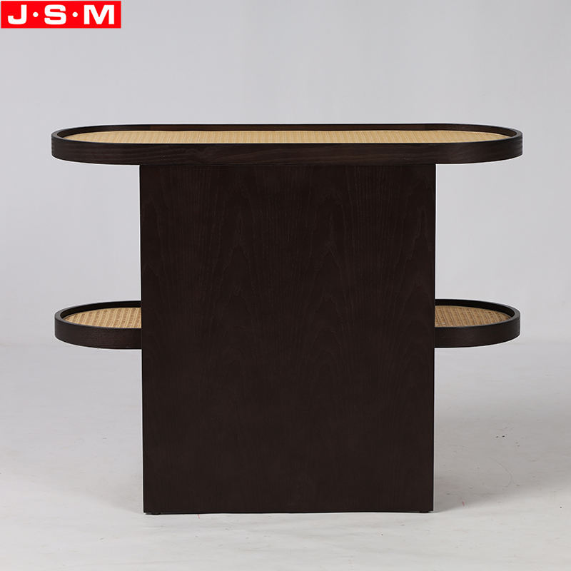 Two Layers Plastic Rattan Top Living Room Unique Tea Table Veneer Wooden Oval Coffee Table