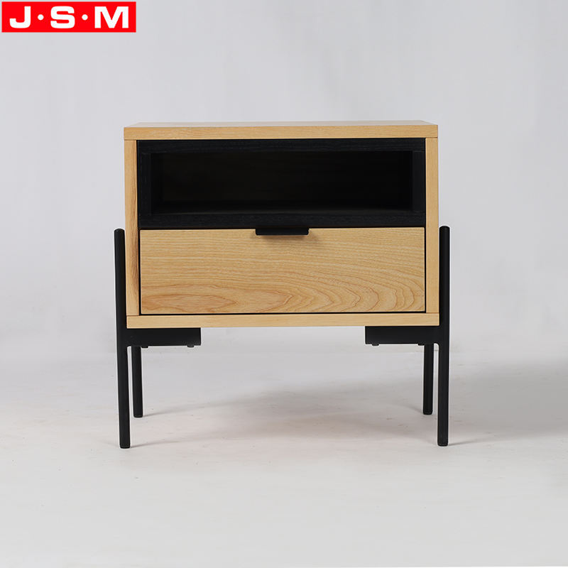 High Quality Veneer Carcase Metal Base Drawer Nightstand Bedroom Furniture Bedside Table