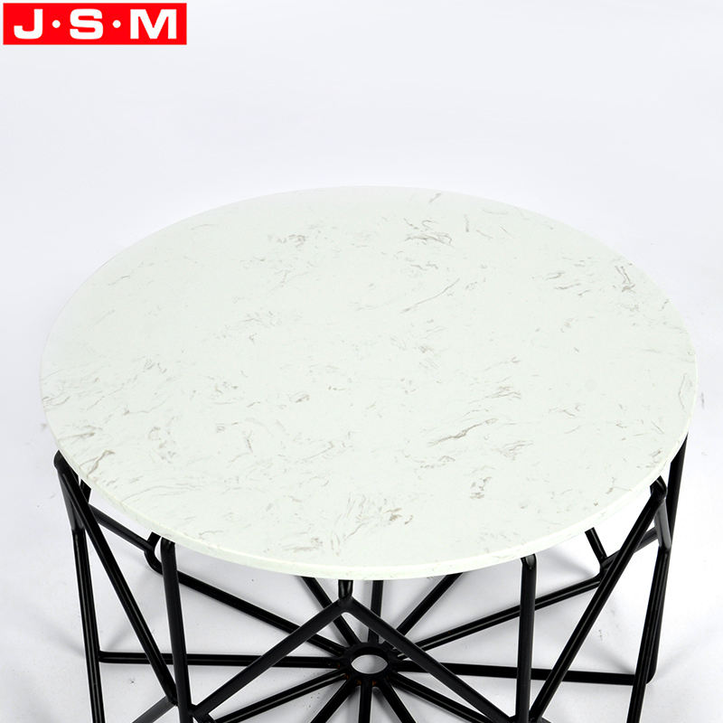 Black Metal Leg Living Room Round Tea Table White Rock Slab Table Top Round Coffee Table