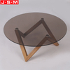 Living Room Round Tea Table Tempered Glass Top Ash Wood Leg Tea Table