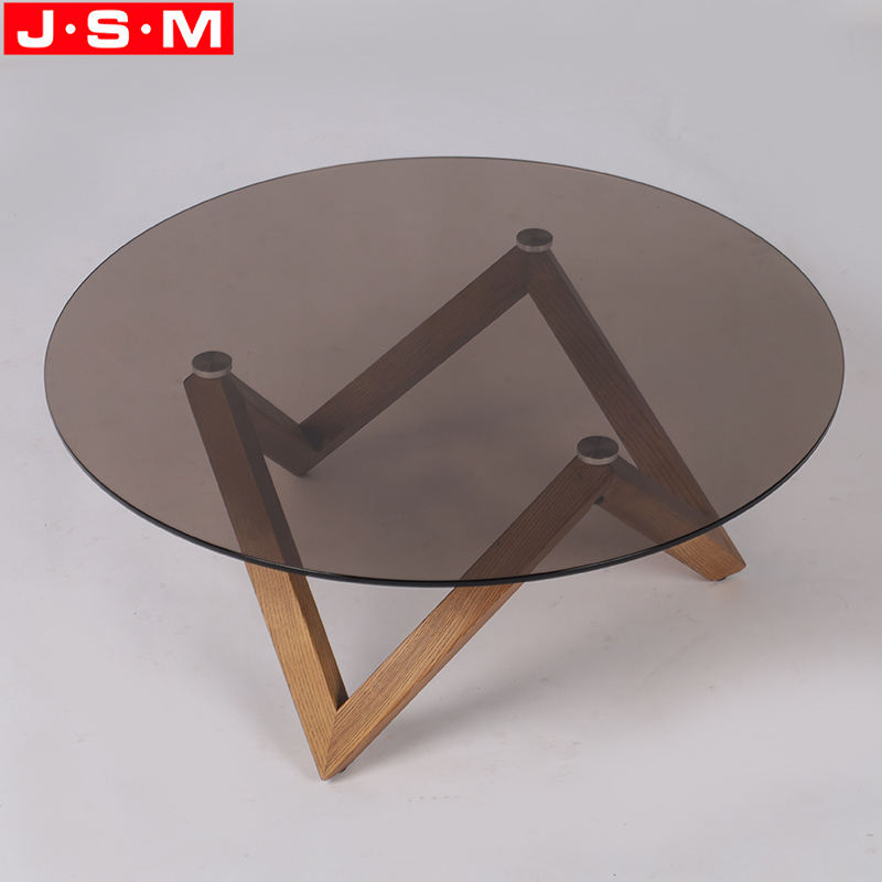 Living Room Round Tea Table Tempered Glass Top Ash Wood Leg Tea Table