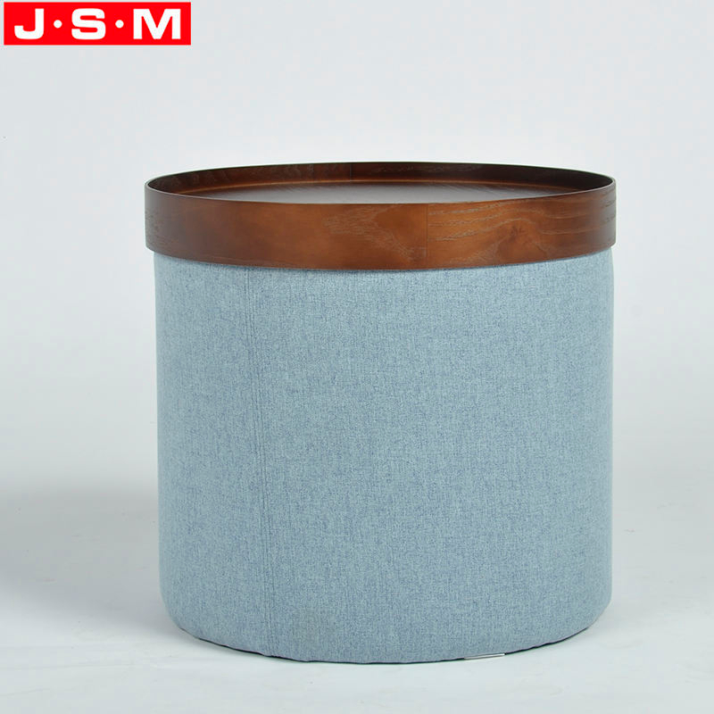 Moveable Timber Tray Round Cushion Base Modern Storage Fabric Ottoman Stool