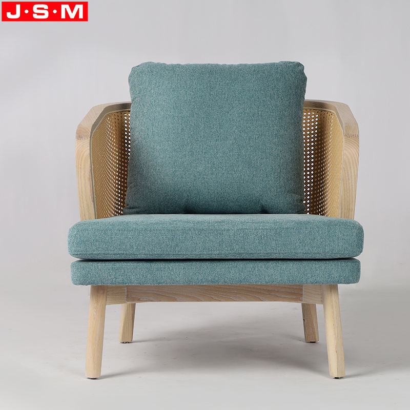 Plastic Rattan Armrest Living Room Fabric Upholstery Contemporary Wooden Armchair