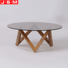 Living Room Round Tea Table Tempered Glass Top Ash Wood Leg Tea Table
