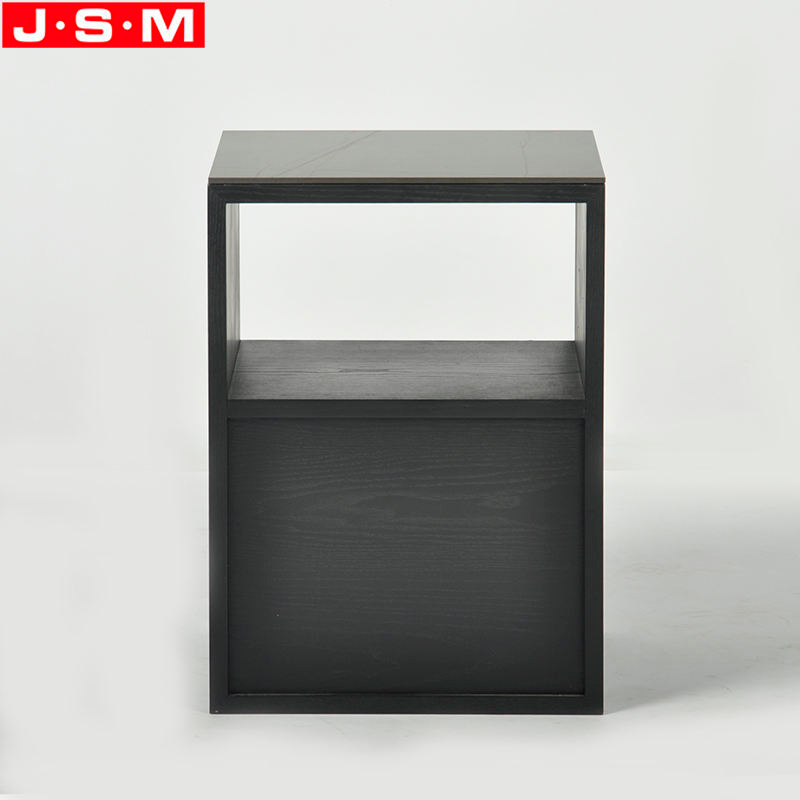 Nordic Living Room Furniture Bedroom Wooden Bedside Rock Slab Table Top Black Nightstand With Drawer