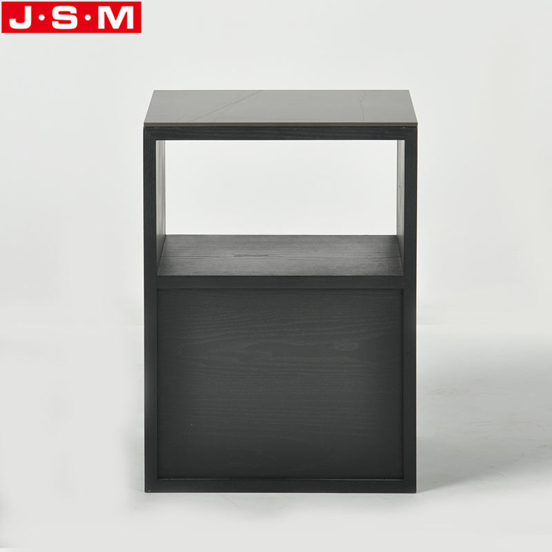 Nordic Living Room Furniture Bedroom Wooden Bedside Rock Slab Table Top Black Nightstand With Drawer