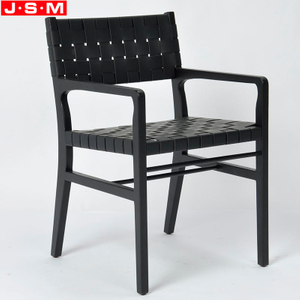 Luxury Outdoor Woven Black Leather Cross Base Dining Chairs With Armrests