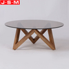 Living Room Round Tea Table Tempered Glass Top Ash Wood Leg Tea Table