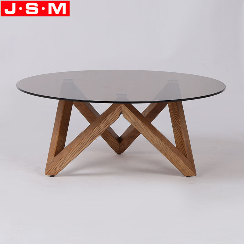 Living Room Round Tea Table Tempered Glass Top Ash Wood Leg Tea Table