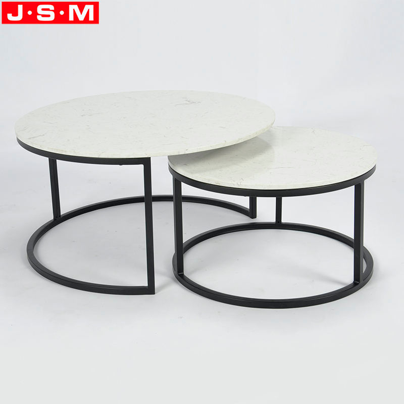 Metal Leg Coffee Table Living Room Side Table Round White Artificial Stone Top Tea Table