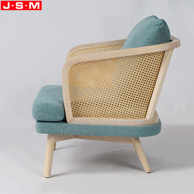 Plastic Rattan Armrest Living Room Fabric Upholstery Contemporary Wooden Armchair