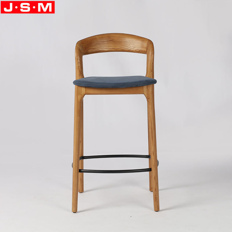 Household Bar Chair Vintage Ash Timber Wooden High Back Stool With Fabric Cushion