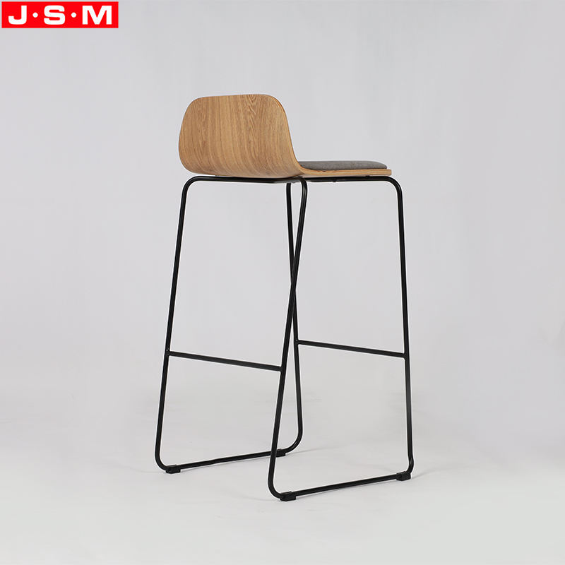 Brown Wood Veneer Metal Kitchen Cushion Seat High Chair Modern Bar Stools