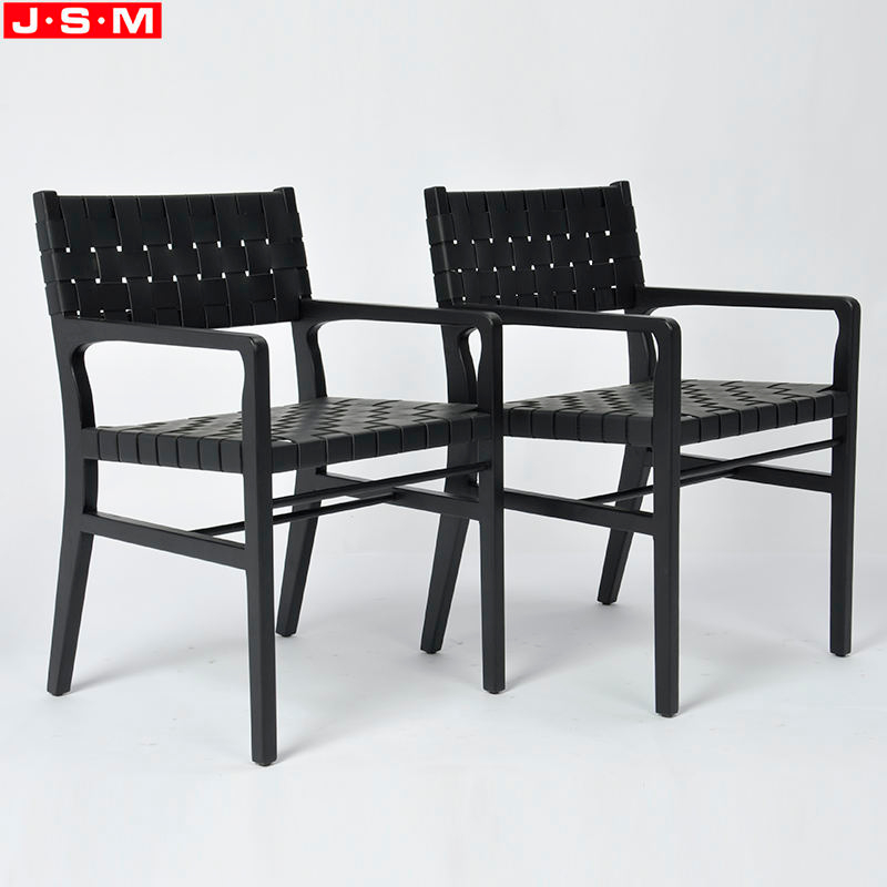 Luxury Outdoor Woven Black Leather Cross Base Dining Chairs With Armrests