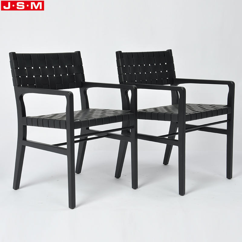 Luxury Outdoor Woven Black Leather Cross Base Dining Chairs With Armrests