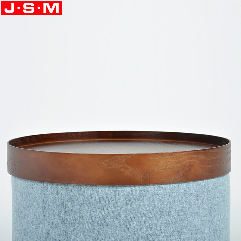 Moveable Timber Tray Round Cushion Base Modern Storage Fabric Ottoman Stool