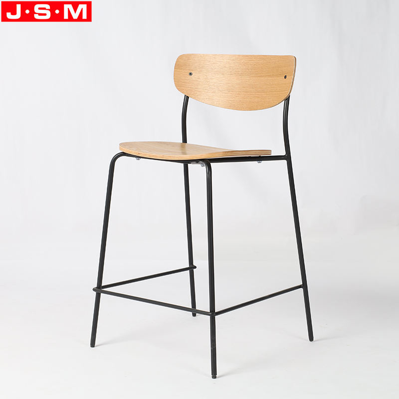 Nordic Metal Bar Stool Chair Veneer Seat And Back High Bar Chairs